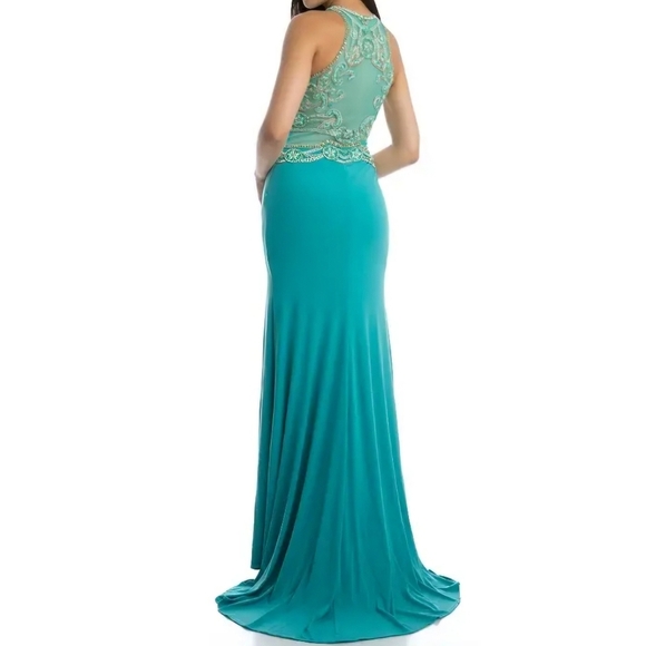 NWT Teal Jade High Neck High Slit Jewels Evening Formal Prom Dress Small - Picture 2 of 5